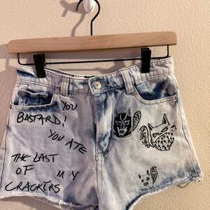 Edgy Graphic Light Blue Denim Shorts